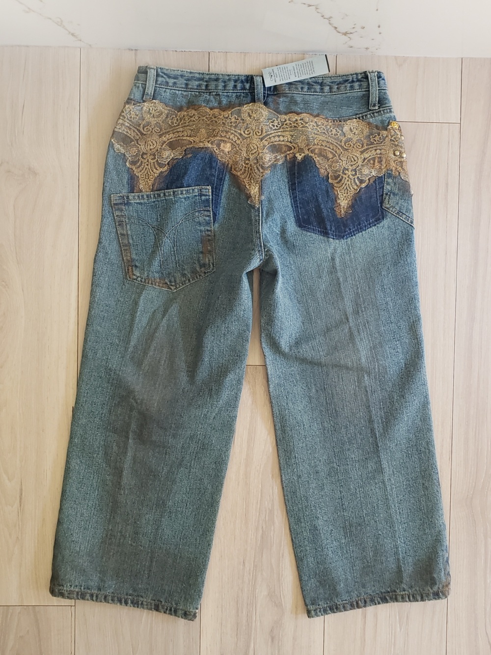 Cache Blue Straight-Leg Jeans with Gold Lace Embellishment